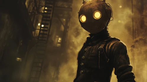 Steampunk android patrols fogged alley under amber haze.