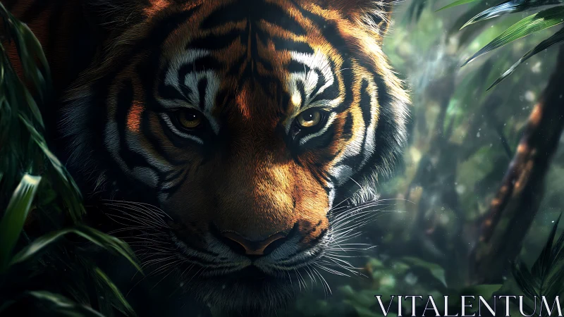 Golden-eyed tiger gazes calmly from lush jungle shadows