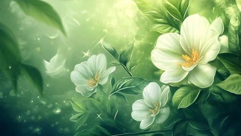 Ethereal White Blossoms: Luminous Botanical Digital Composition.