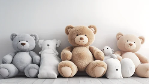 Photoreal plush teddy bear lineup in soft neutral palette.
