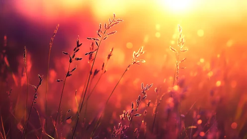 Backlit meadow grasses in shallow focus at sunset time.