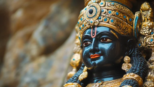 Radiant deity sculpture glowing with gold and serene grace.