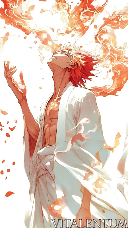 Fiery robed figure exhales ascending flames in dynamic anime style