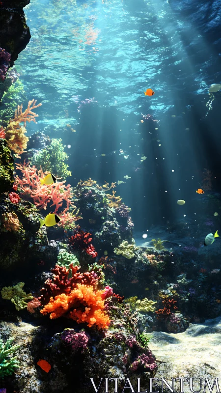 Photorealistic coral reef tableau with volumetric light shafts.