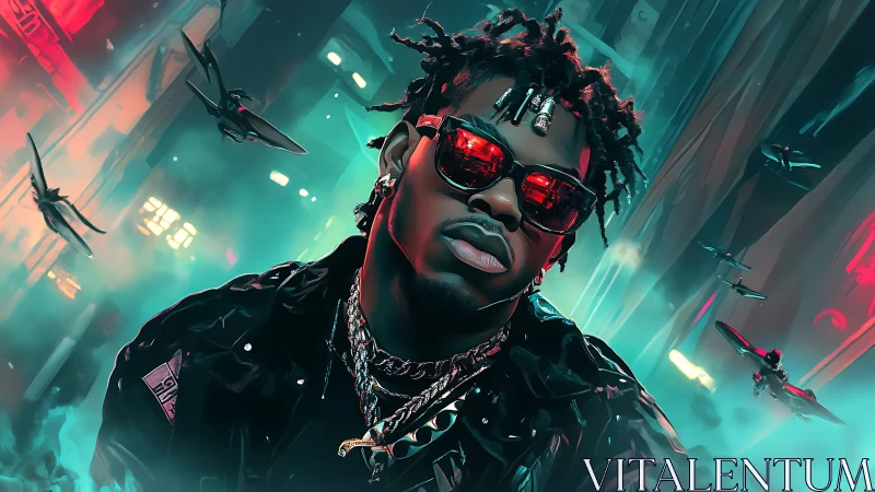 Cyberpunk portrait of man in neon city with drones in flight