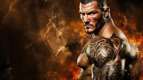 Muscular tattooed man posing against fiery textured backdrop.
