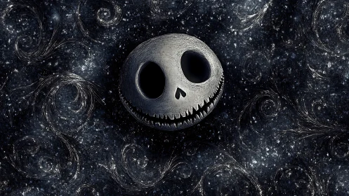 Grinning skull illustration on dark swirling textured space.