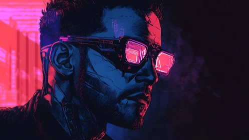 Cybernetic male portrait with neon visor in profile view.