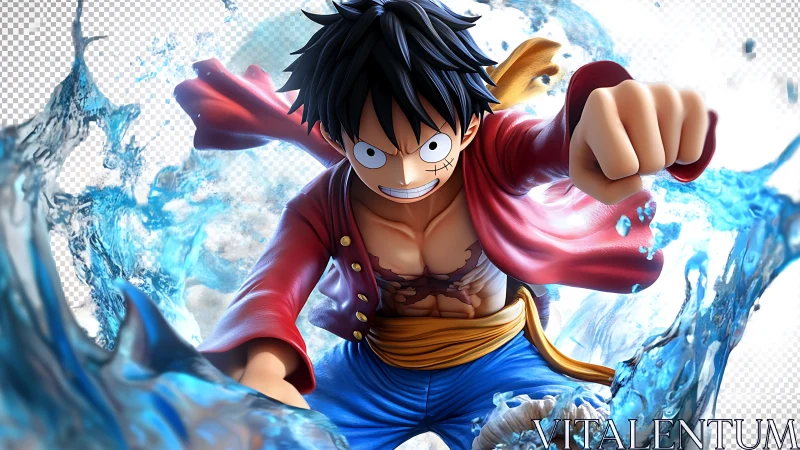 Energetic rubber hero punching through swirling ocean waves.