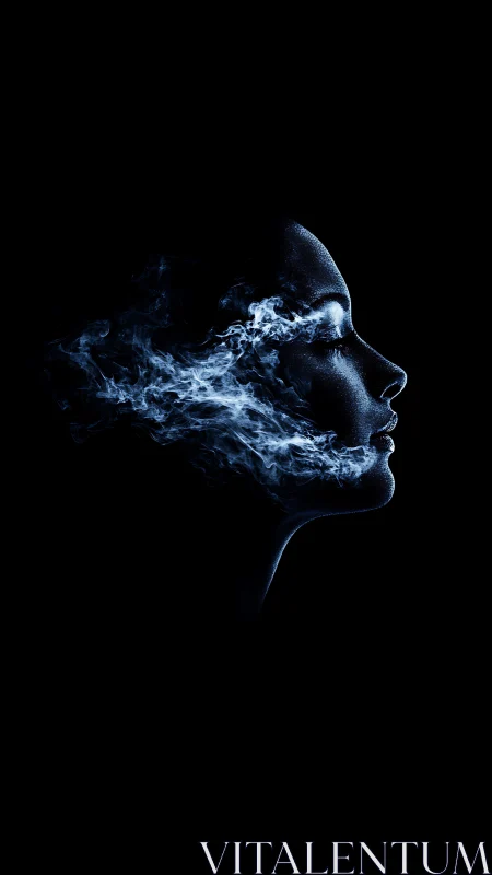 Silhouetted profile dissolves into flowing blue smoke.
