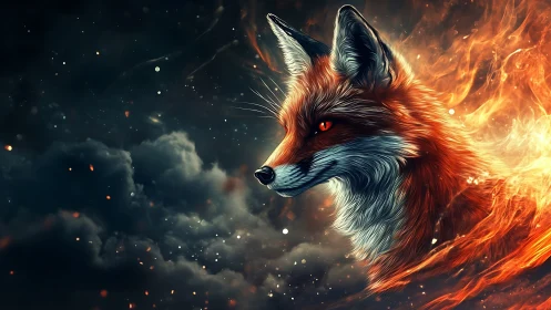 Fox head emerges within stylized fire against dark clouds