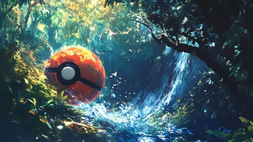 Large red sphere near forest waterfall in dense foliage.