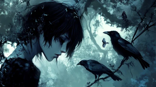 Melancholic youth in moonlit forest with watchful crows.