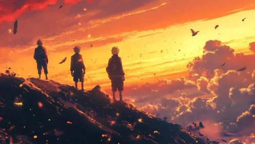 Three anime warriors gaze across a blazing sunset sky