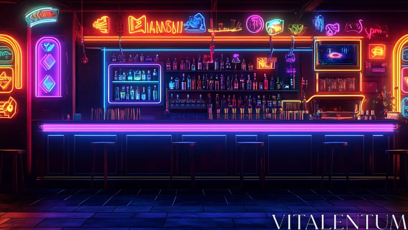Neon-illuminated cocktail bar interior with saturated RGB light gradients