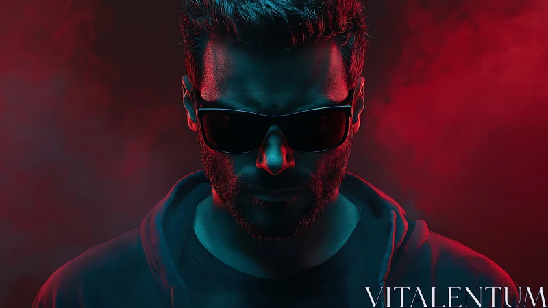 Moody cyberpunk portrait under red and teal lighting.