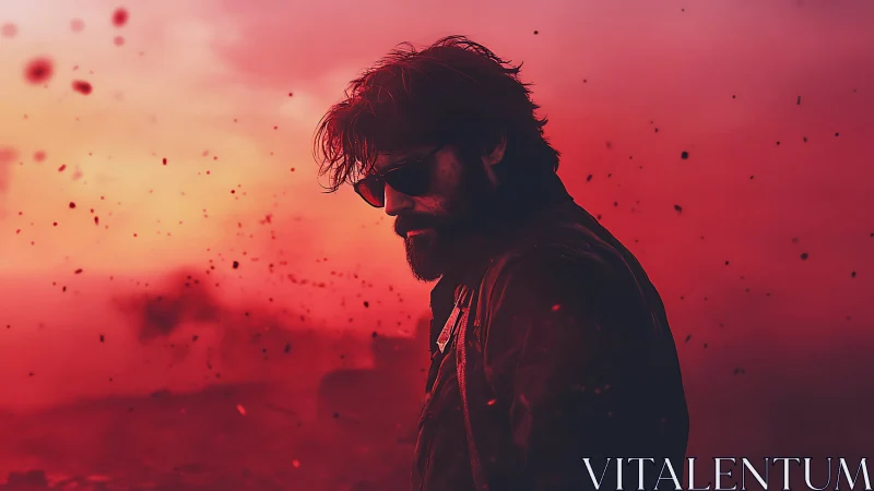 Bearded man in sunglasses walks through red drifting dust