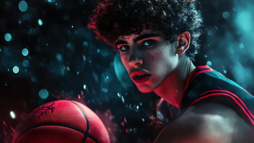 Neon-lit young basketball player portrait in intense focus.