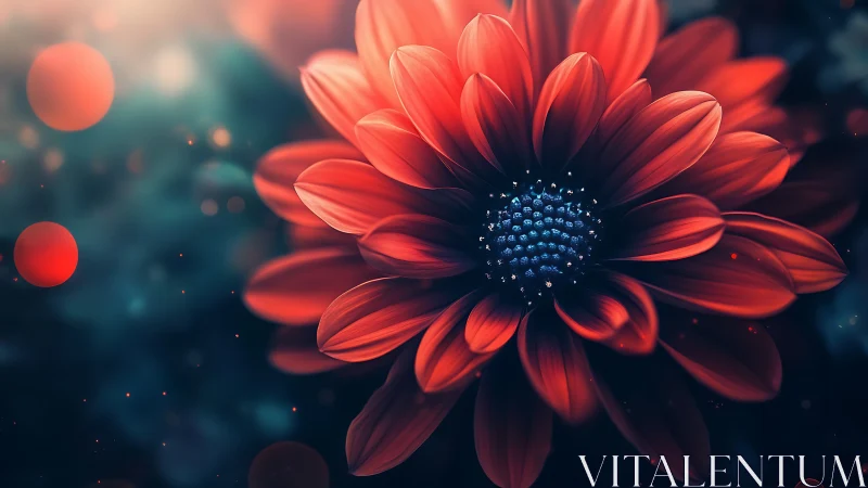 Rendered Red Dahlia with Volumetric Blue Stamen Against Dark Bokeh Environment