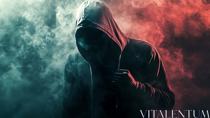 Hooded silhouette in cinematic red teal atmospheric smoke.