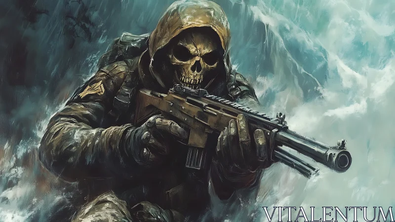 Skull-masked commando advancing through icy storm with rifle.