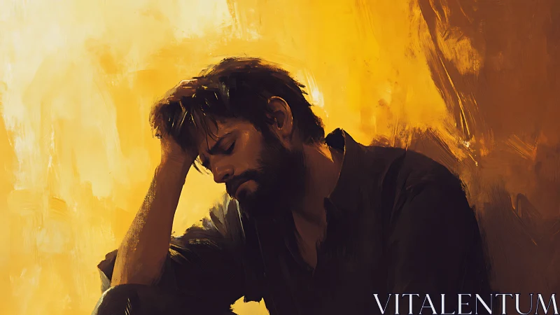 Solitary man bows under heavy thoughts in golden light.