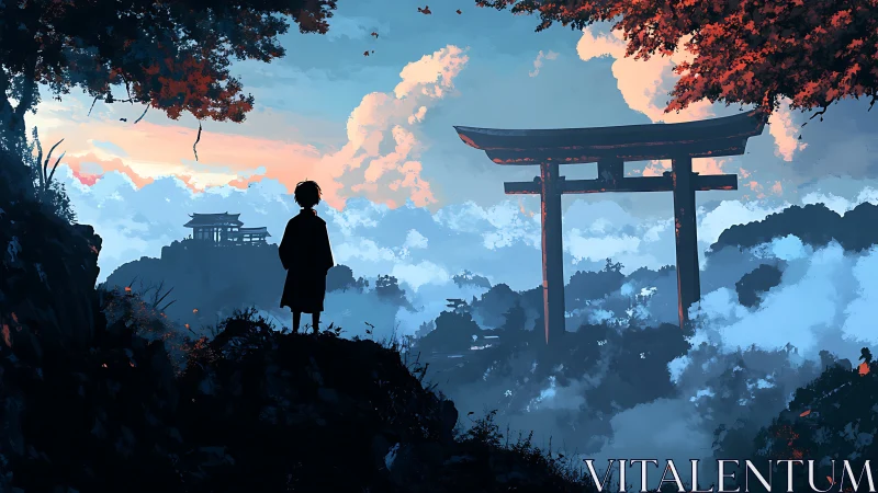 Silhouetted figure overlooking misty shrine landscape.