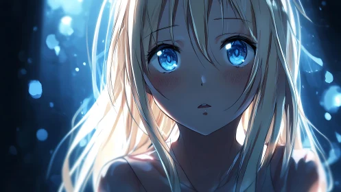 Starlit blue-eyed girl caught in a hush of glowing night.