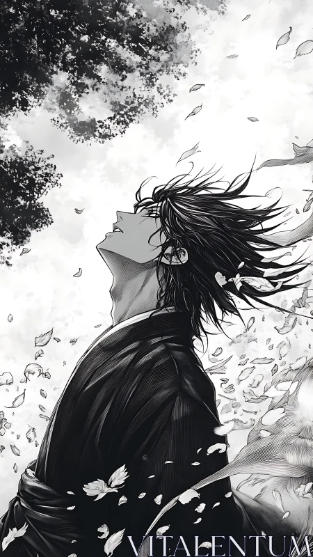 Windswept samurai in falling petals, monochrome reverie.