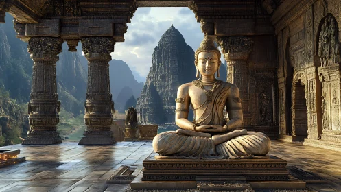 Golden Buddha in quiet mountain temple of carved stone calm.