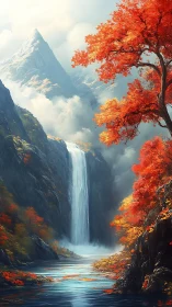 Autumn alpine waterfall with misty peaks and reflective pool