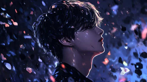 Melancholic youth under swirling neon petals at night.