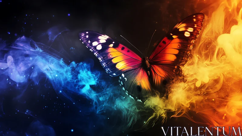 Radiant butterfly glides between swirling blue and gold smoke