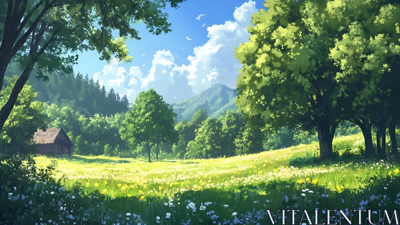 Sunlit mountain meadow surrounds rustic forest cabin