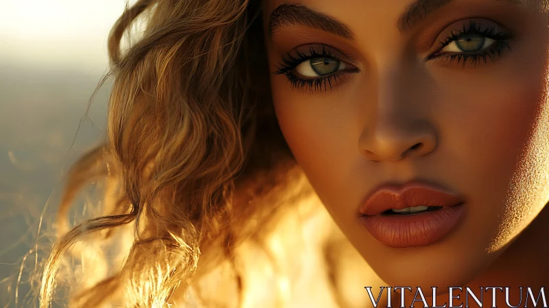 Sunlit close-up portrait with golden curls and vivid gaze.