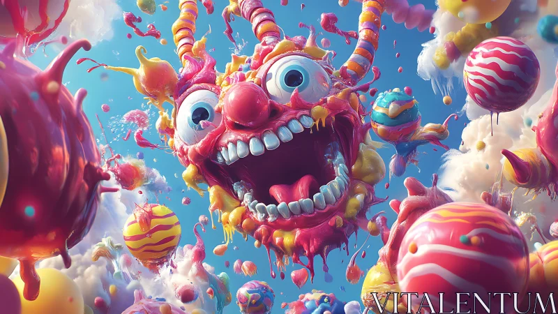 Hyper-saturated candy monster explodes in floating glossy orbs