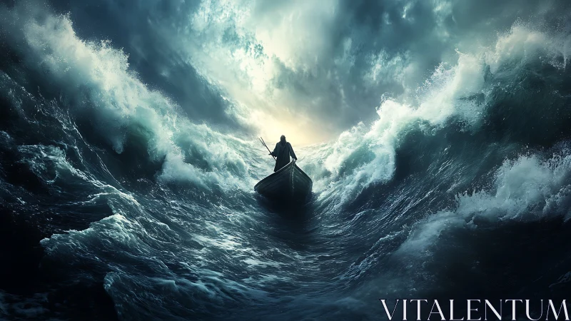 Lone navigator in turbulent ocean vortex under storm light.