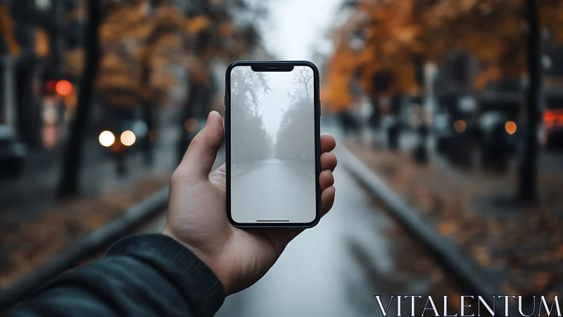Hand holding smartphone displaying misty tree-lined path in urban park setting.