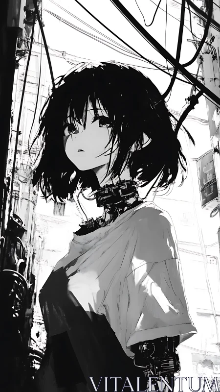 Cybernetic girl in monochrome alley with exposed wiring.