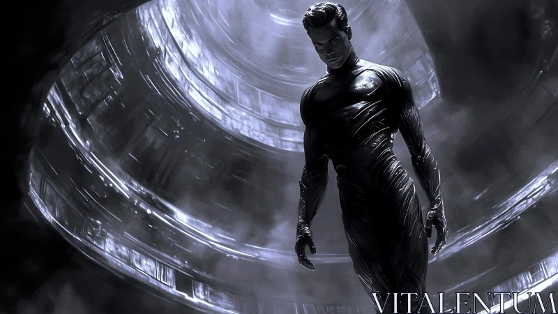 Futuristic humanoid figure descends inside metallic tunnel