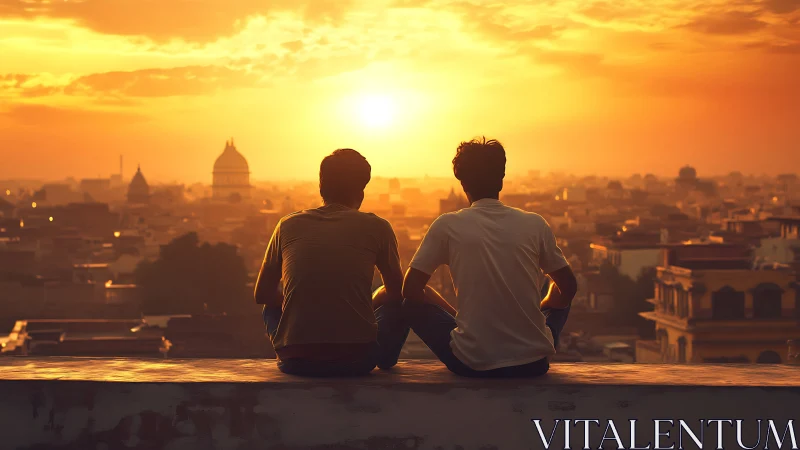 Sunlit rooftop silhouettes overlooking golden cityscape.