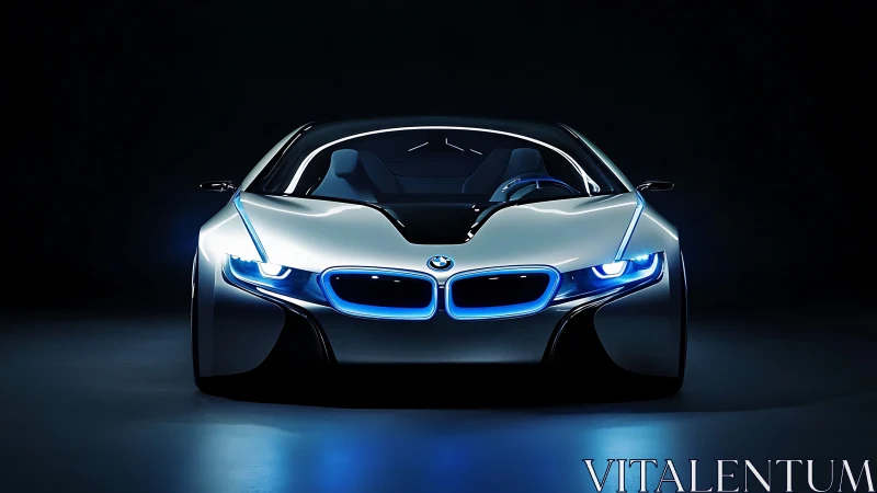 Futuristic silver sports coupe with neon blue front lighting.