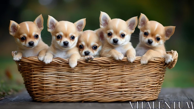 Five cream chihuahua puppies sit closely packed in wicker basket