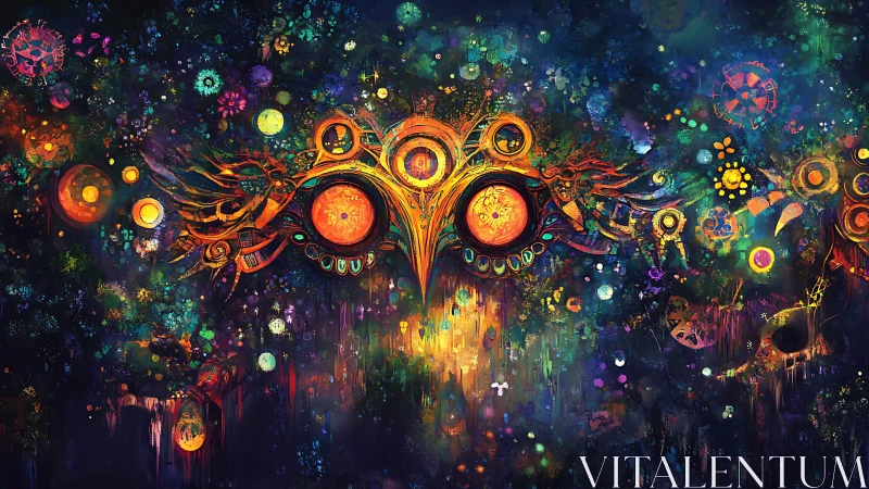 Cosmic owl mask radiating neon galaxies and prismatic orbs.