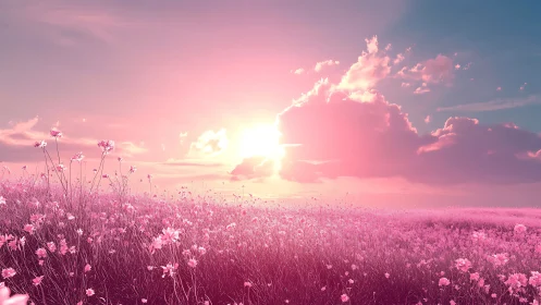 Blush horizon over cotton-candy meadow at dreamlit sunrise.