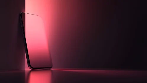 Sleek modern smartphone leaning on wall with dramatic pink light.