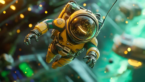 Drifting yellow astronaut amid neon-lit orbital debris field.