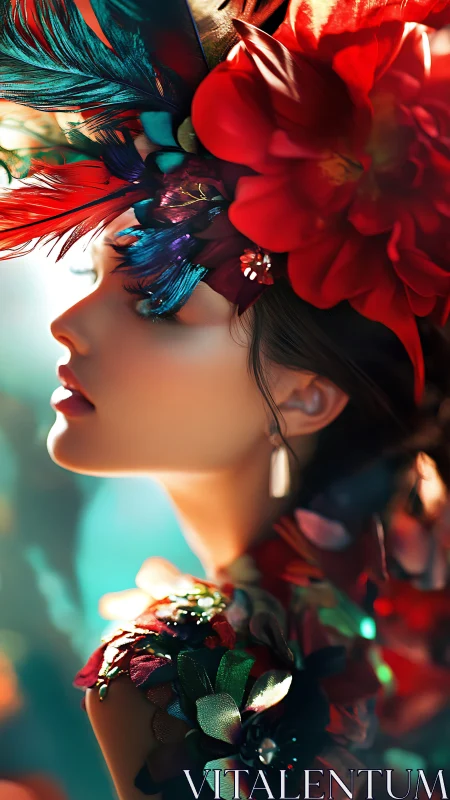 Woman in vivid feathered headdress and floral costume.