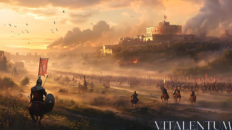 Armored cavalry observe vast army marching on city walls.