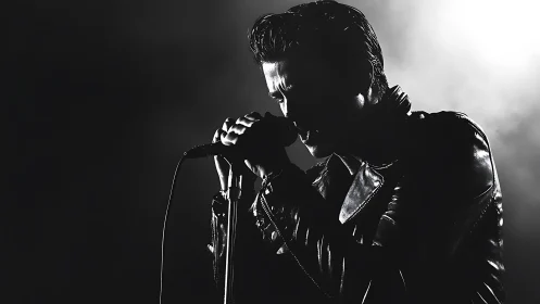 Backlit monochrome vocalist in high-contrast stage silhouette.